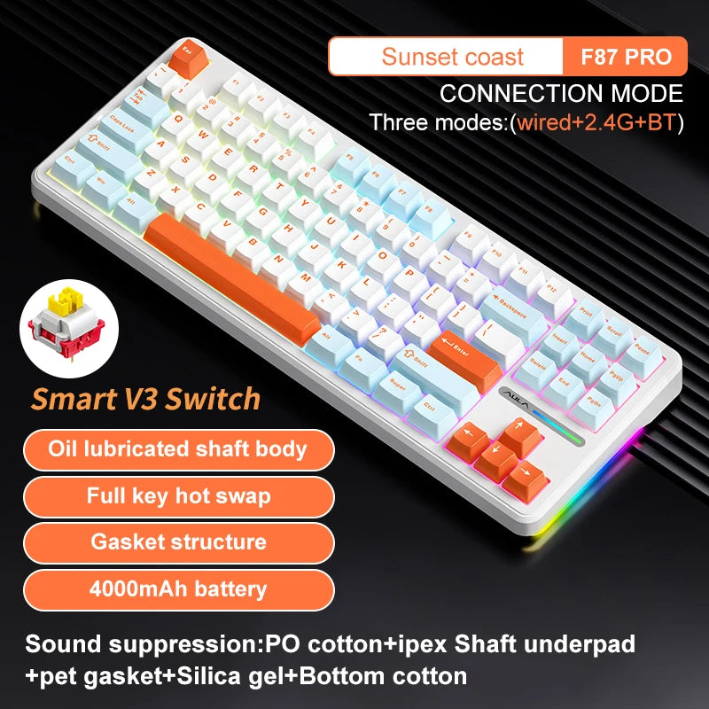 Aula F87 Pro Tri-Mode Mechanical Keyboard BT/2.4G/USB-C Gasket Hot Swap RGB PBT Keycaps 4000mAh Battery Gaming Keyboard for PC