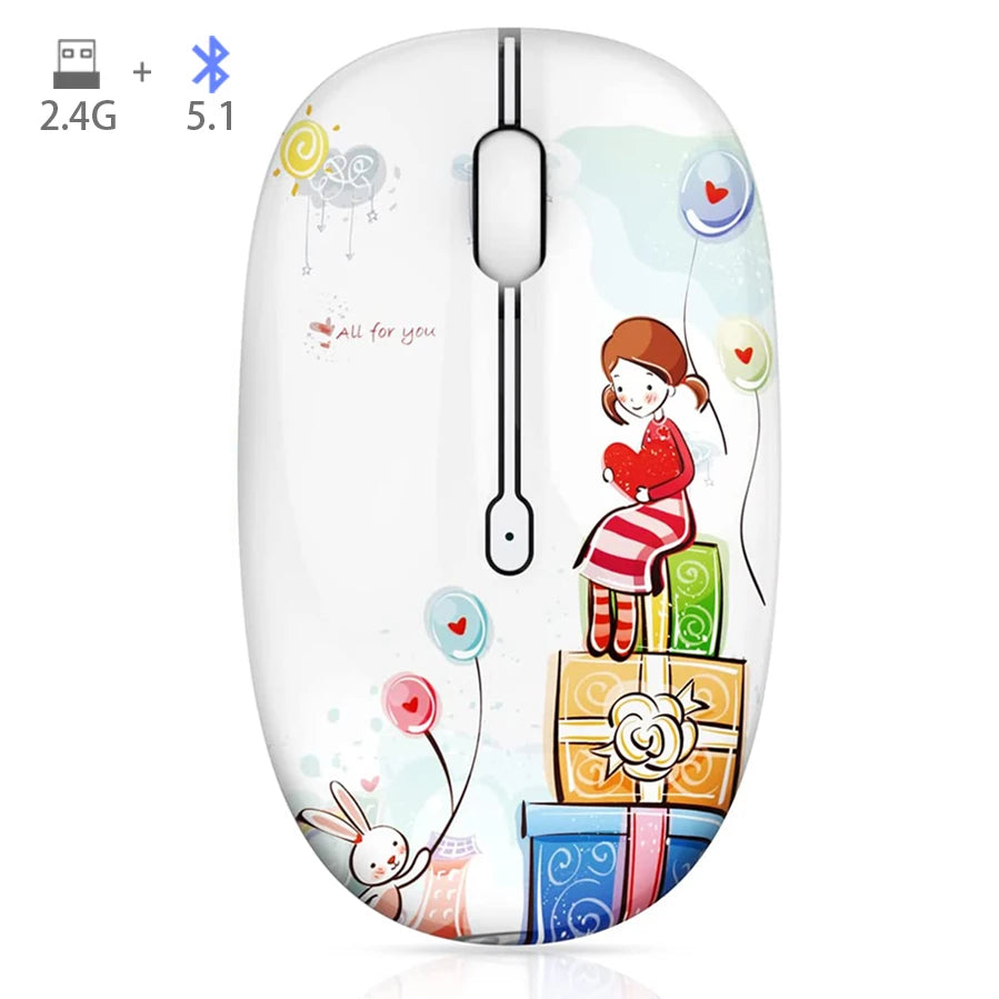 Wireless Cartoon Optical Mouse Cute Silent Mice Dual Mode Bluetooth 5.0 & 2.4G Wireless 1200 DPI for Laptop Notebook PC Computer
