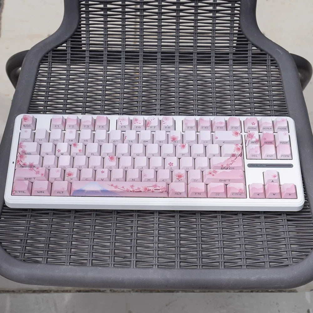 Pink Cherry Blossom Keycap with Side Engraved Translucent PBT 127 Keys Compatible with MX Mechanical Keyboard 61 75 86 104 108