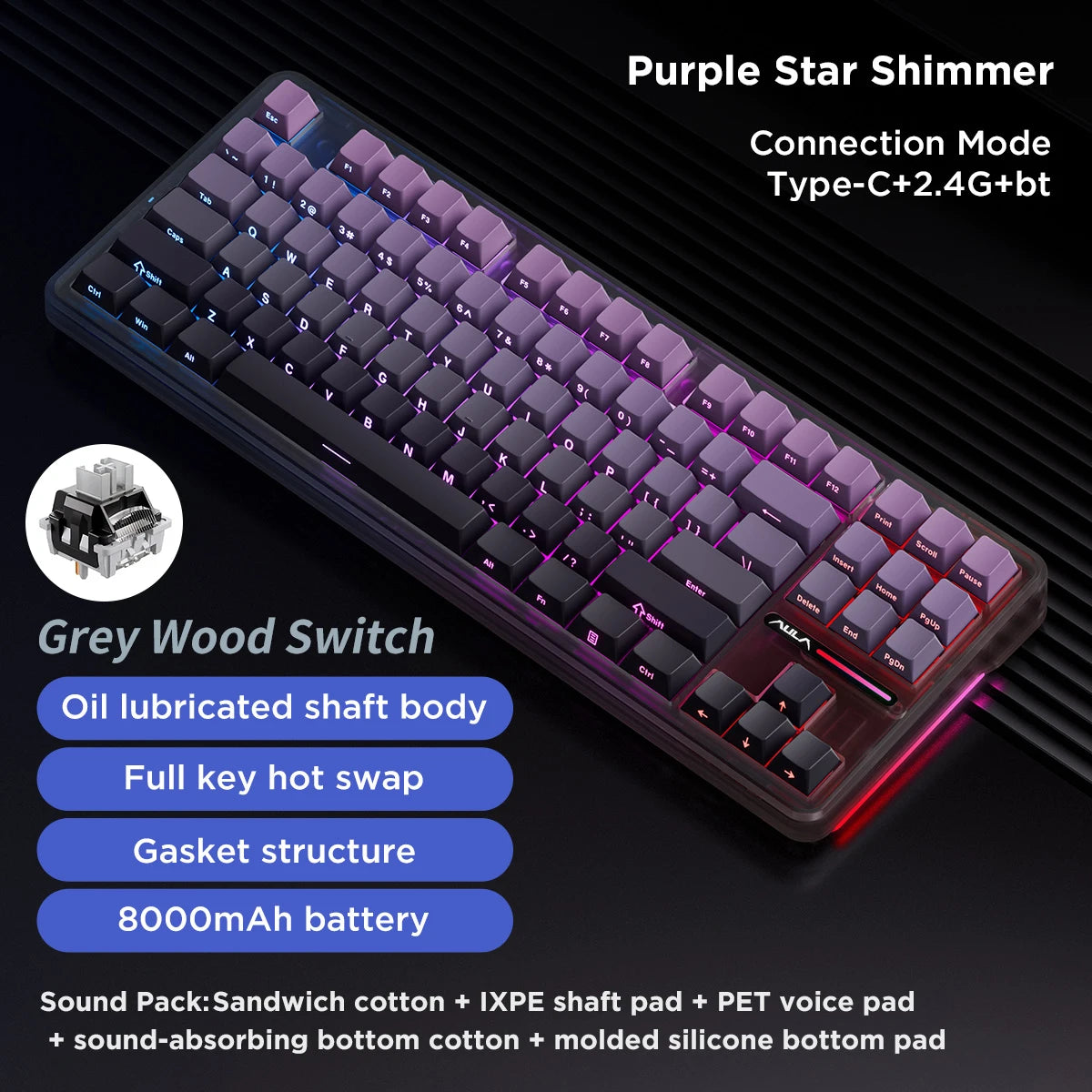 Aula F87 Pro Tri-Mode Mechanical Keyboard BT/2.4G/USB-C Gasket Hot Swap RGB PBT Keycaps 4000mAh Battery Gaming Keyboard for PC