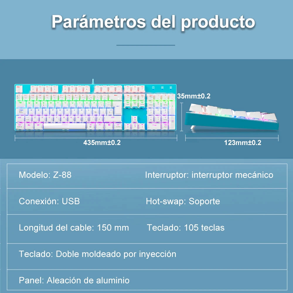 E-YOOSO Z88 Rainbow FALCON USB Mechanical Gaming Wired Spanish Keyboard Blue Switch 104 Key Gamer for Computer PC Laptop