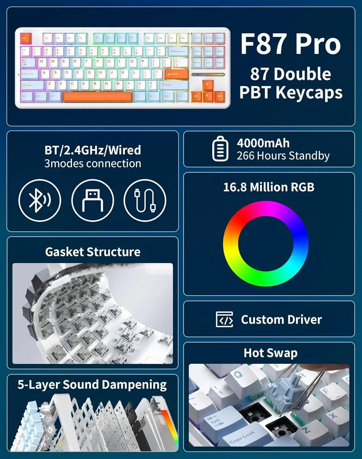 Aula F87 Pro Tri-Mode Mechanical Keyboard BT/2.4G/USB-C Gasket Hot Swap RGB PBT Keycaps 4000mAh Battery Gaming Keyboard for PC