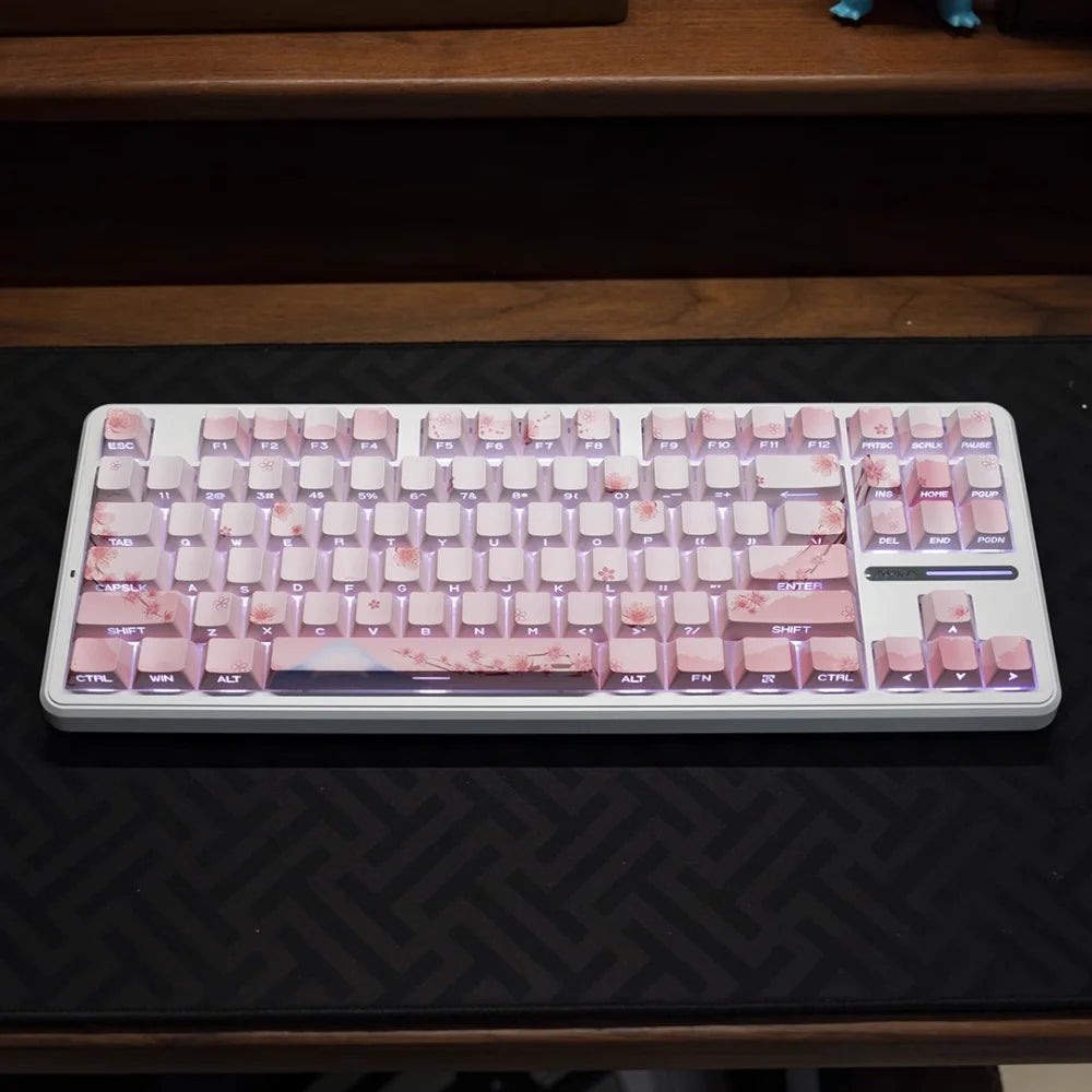 Pink Cherry Blossom Keycap with Side Engraved Translucent PBT 127 Keys Compatible with MX Mechanical Keyboard 61 75 86 104 108