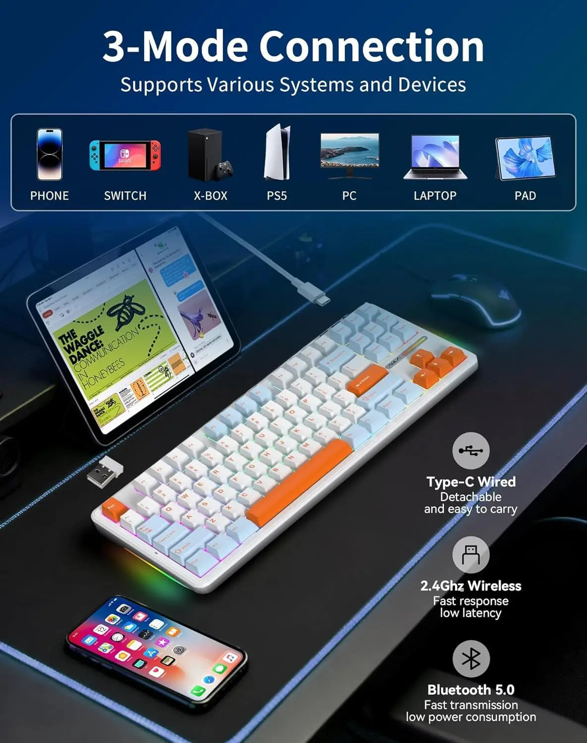 Aula F87 Pro Tri-Mode Mechanical Keyboard BT/2.4G/USB-C Gasket Hot Swap RGB PBT Keycaps 4000mAh Battery Gaming Keyboard for PC
