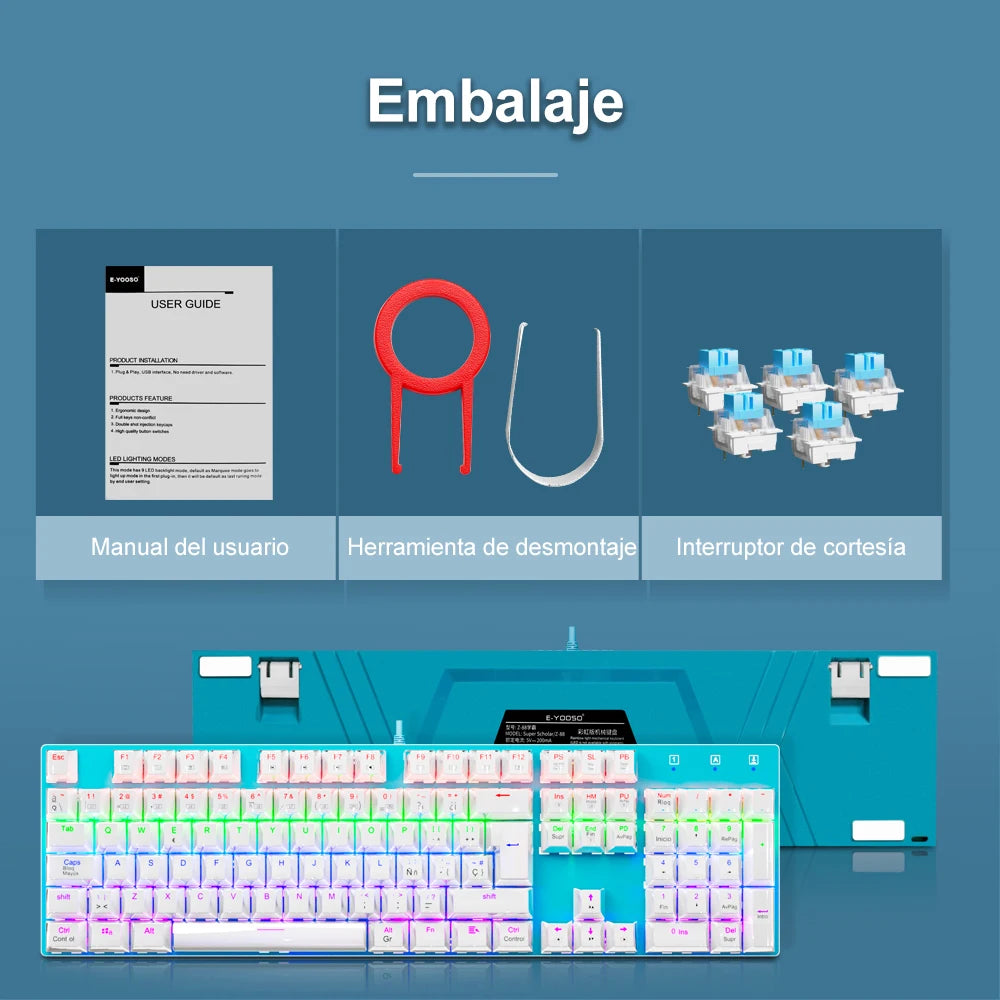 E-YOOSO Z88 Rainbow FALCON USB Mechanical Gaming Wired Spanish Keyboard Blue Switch 104 Key Gamer for Computer PC Laptop