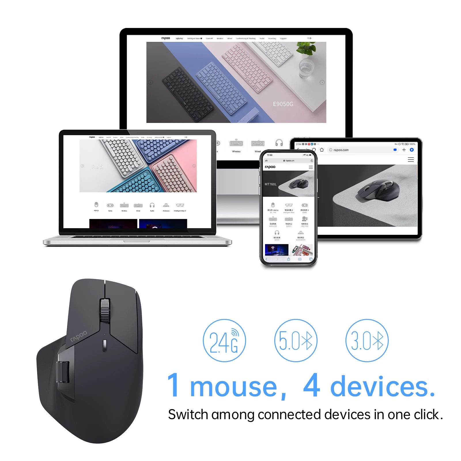 Rapoo MT760/MT760L/MT760Mini/MT760M Rechargeable Multi-mode Bluetooth Wireless Mouse Ergonomic 4000 DPI Support Up to 4 Devices