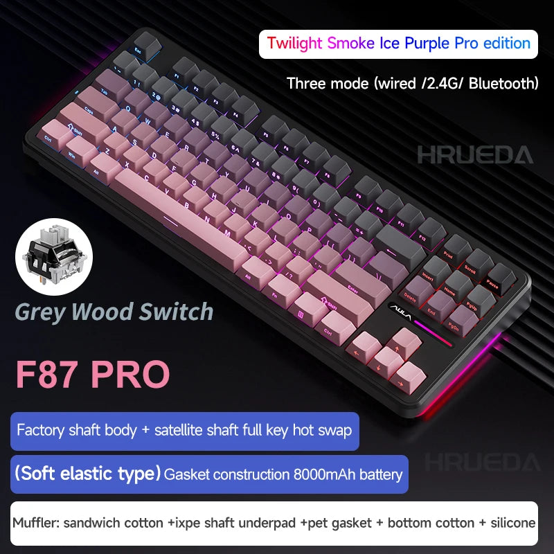 Aula F87 Pro Tri-Mode Mechanical Keyboard BT/2.4G/USB-C Gasket Hot Swap RGB PBT Keycaps 4000mAh Battery Gaming Keyboard for PC