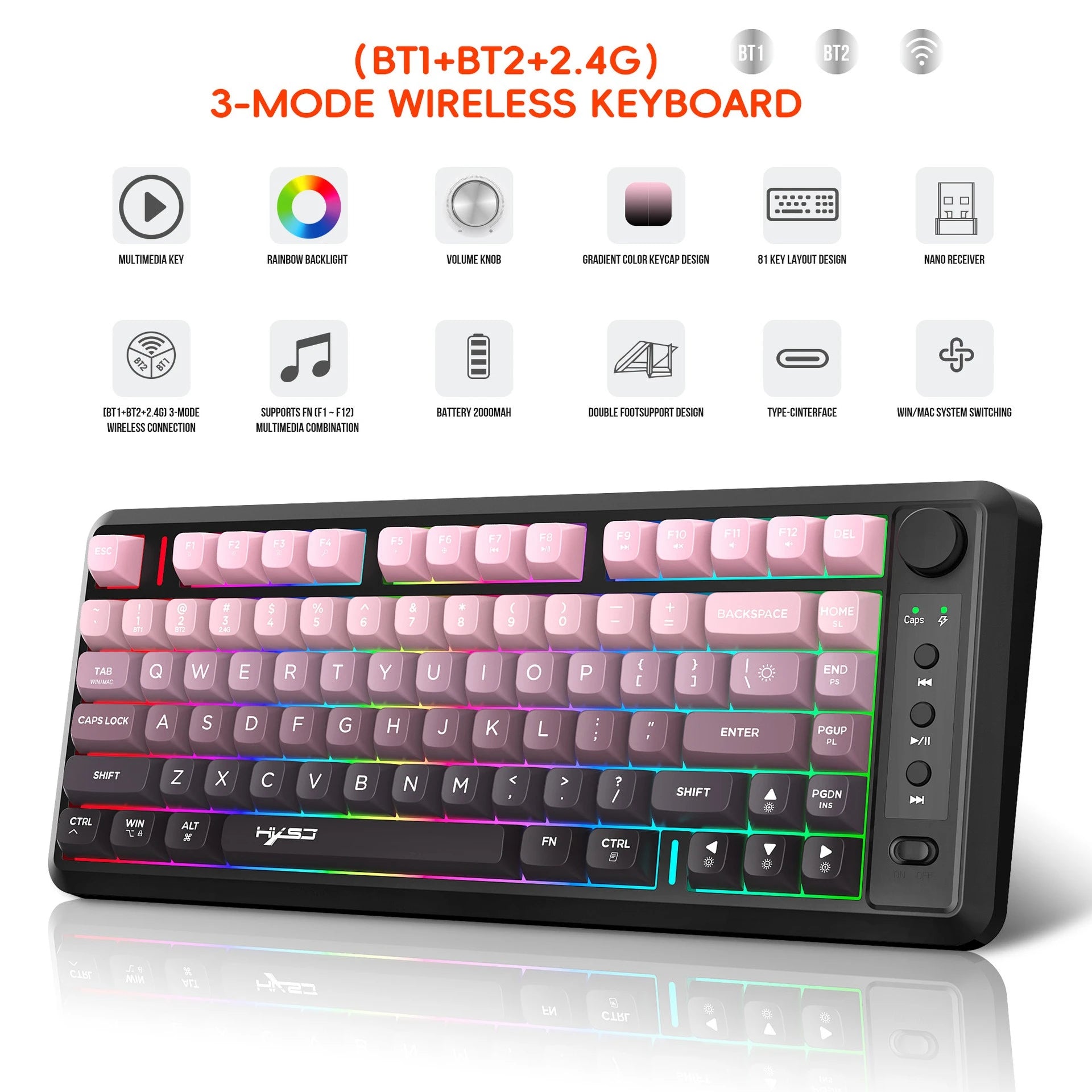 Bluetooth + 2.4G wireless membrane keyboard gradual change rechargeable colorful compact office game keyboards Teclado sem fio