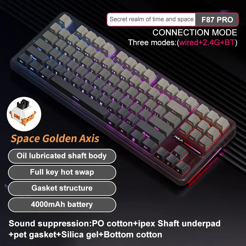 Aula F87 Pro Tri-Mode Mechanical Keyboard BT/2.4G/USB-C Gasket Hot Swap RGB PBT Keycaps 4000mAh Battery Gaming Keyboard for PC
