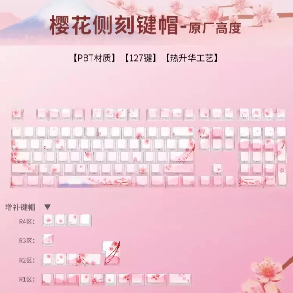 Pink Cherry Blossom Keycap with Side Engraved Translucent PBT 127 Keys Compatible with MX Mechanical Keyboard 61 75 86 104 108