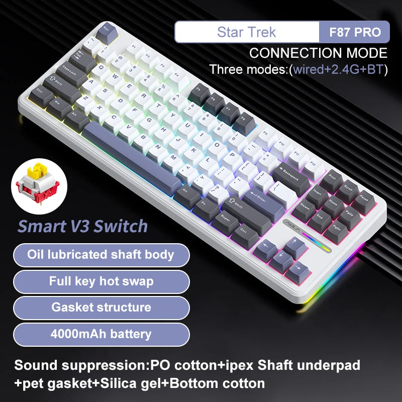Aula F87 Pro Tri-Mode Mechanical Keyboard BT/2.4G/USB-C Gasket Hot Swap RGB PBT Keycaps 4000mAh Battery Gaming Keyboard for PC