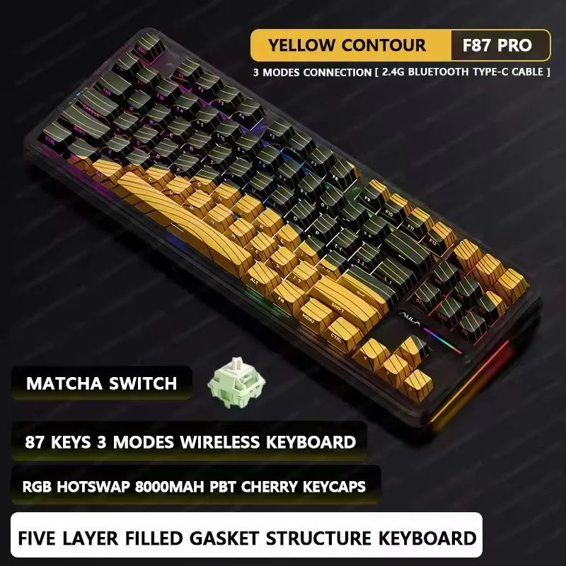 Aula F87 Pro Tri-Mode Mechanical Keyboard BT/2.4G/USB-C Gasket Hot Swap RGB PBT Keycaps 4000mAh Battery Gaming Keyboard for PC
