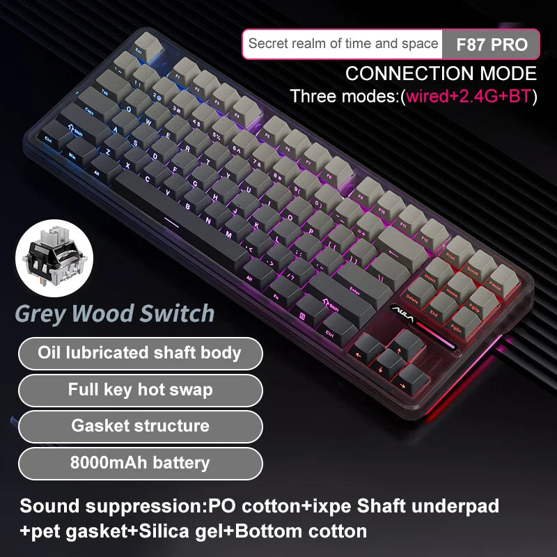 Aula F87 Pro Tri-Mode Mechanical Keyboard BT/2.4G/USB-C Gasket Hot Swap RGB PBT Keycaps 4000mAh Battery Gaming Keyboard for PC