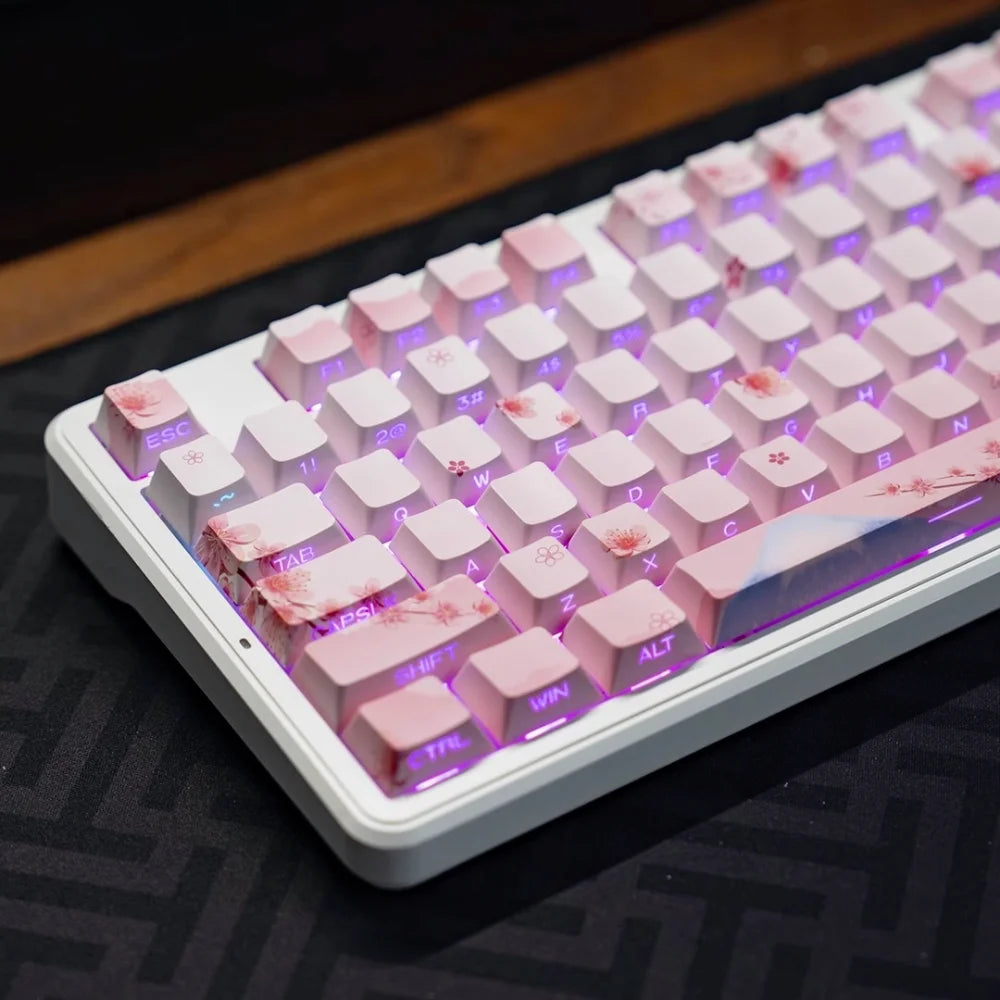 Pink Cherry Blossom Keycap with Side Engraved Translucent PBT 127 Keys Compatible with MX Mechanical Keyboard 61 75 86 104 108