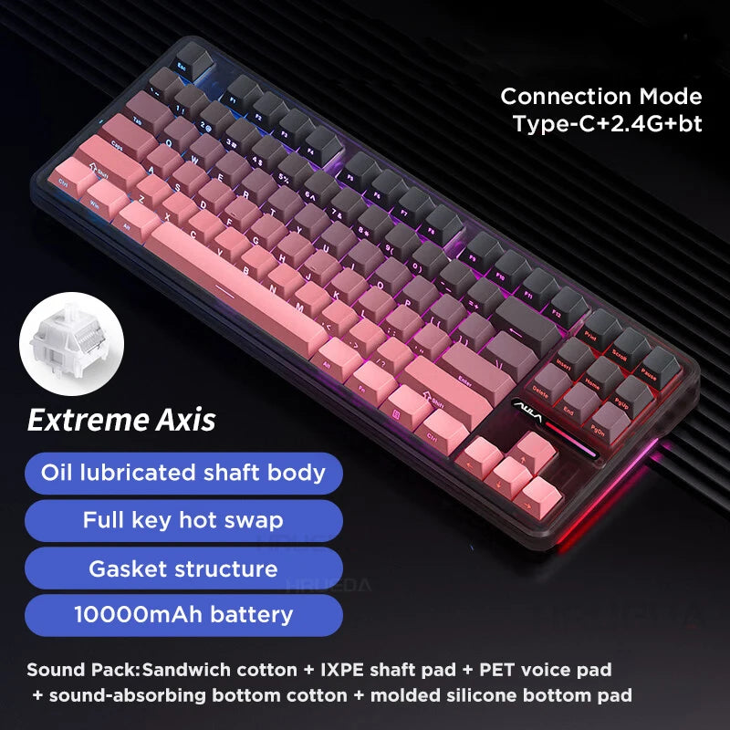 Aula F87 Pro Tri-Mode Mechanical Keyboard BT/2.4G/USB-C Gasket Hot Swap RGB PBT Keycaps 4000mAh Battery Gaming Keyboard for PC