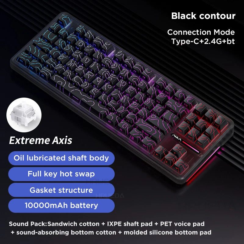 Aula F87 Pro Tri-Mode Mechanical Keyboard BT/2.4G/USB-C Gasket Hot Swap RGB PBT Keycaps 4000mAh Battery Gaming Keyboard for PC